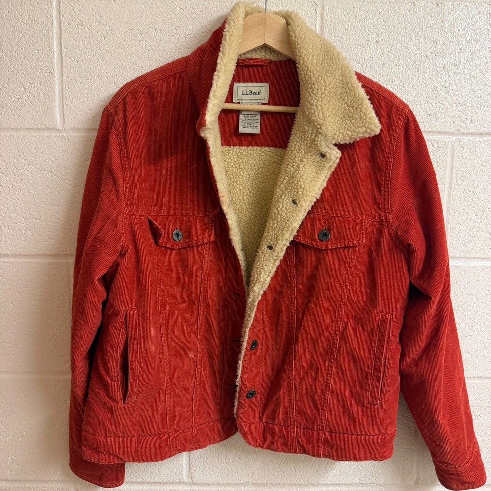 L.L. Bean Womens Sherpa Lined Corduroy Trucker Outdoor Jacket L PET Red Orange
